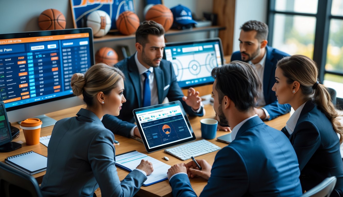 Sekelompok orang sedang menganalisis data dan statistik basket di kantor modern.