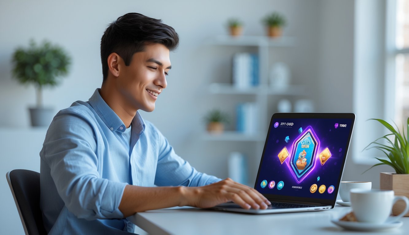 Seorang pria muda duduk di meja dengan laptop, bermain permainan kartu online di ruangan yang terang dan rapi.