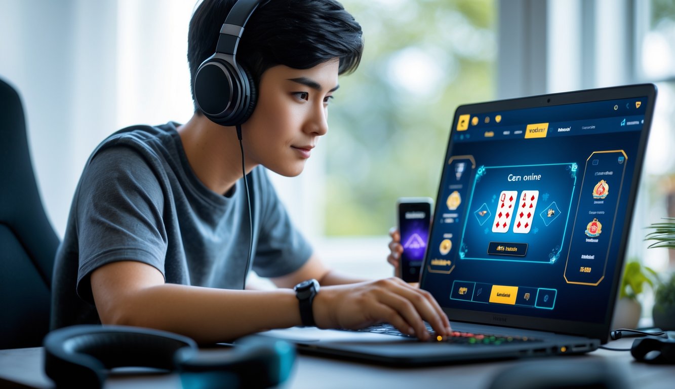 Seorang dewasa muda sedang fokus bermain permainan kartu online di laptop di ruang kerja rumah yang terang.