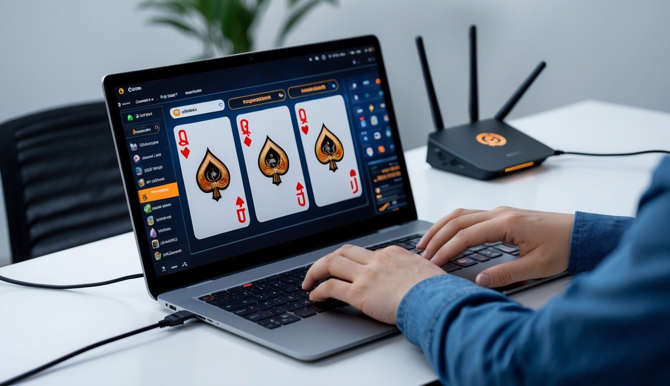 Seseorang bermain permainan kartu Ceme secara online di depan laptop dengan latar ruang kerja yang rapi dan peralatan koneksi internet terlihat.