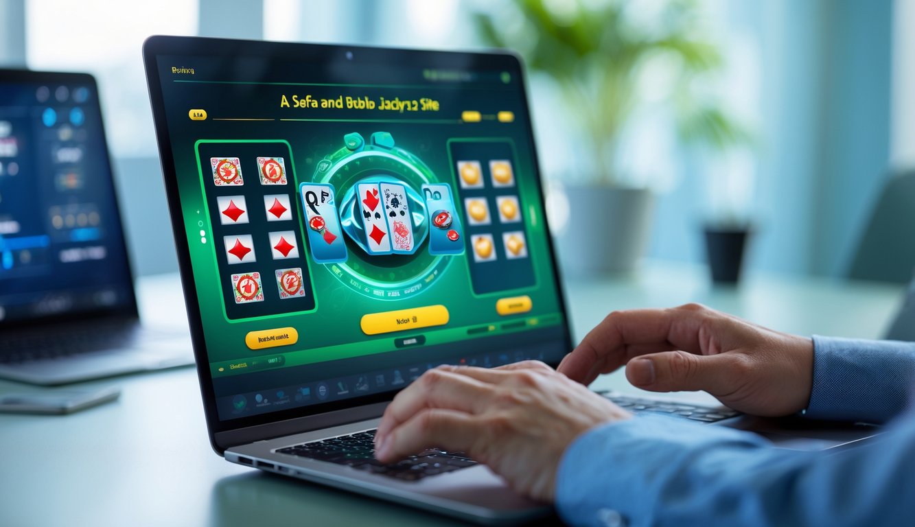 Seseorang menggunakan komputer dengan tampilan permainan kasino online di layar dalam suasana ruang kerja yang terang dan rapi.