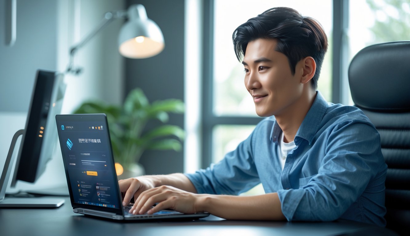 Seorang pria muda duduk di depan laptop di ruang kerja rumah yang terang, fokus pada layar komputer dengan suasana yang tenang dan profesional.