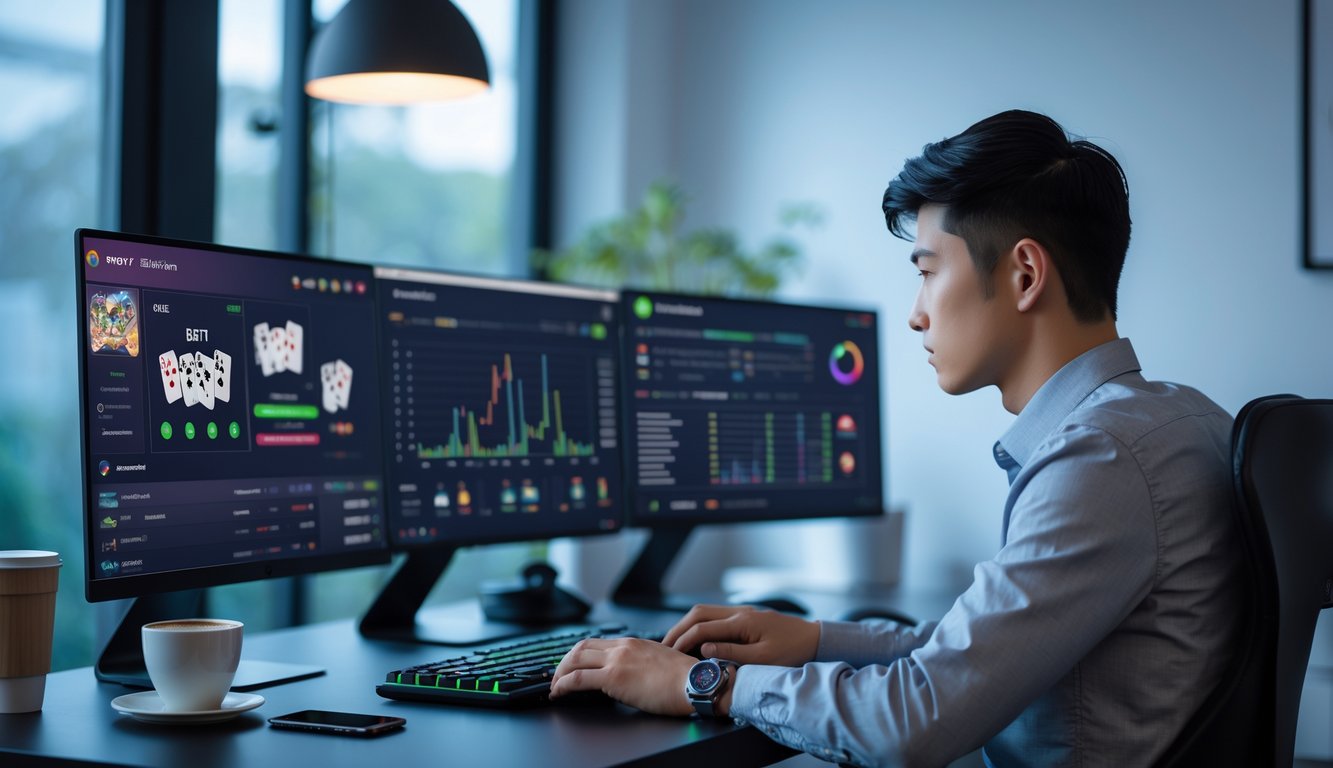 Seorang pria muda fokus menggunakan komputer di ruang kerja modern dengan beberapa layar yang menampilkan permainan kartu online dan grafik server.