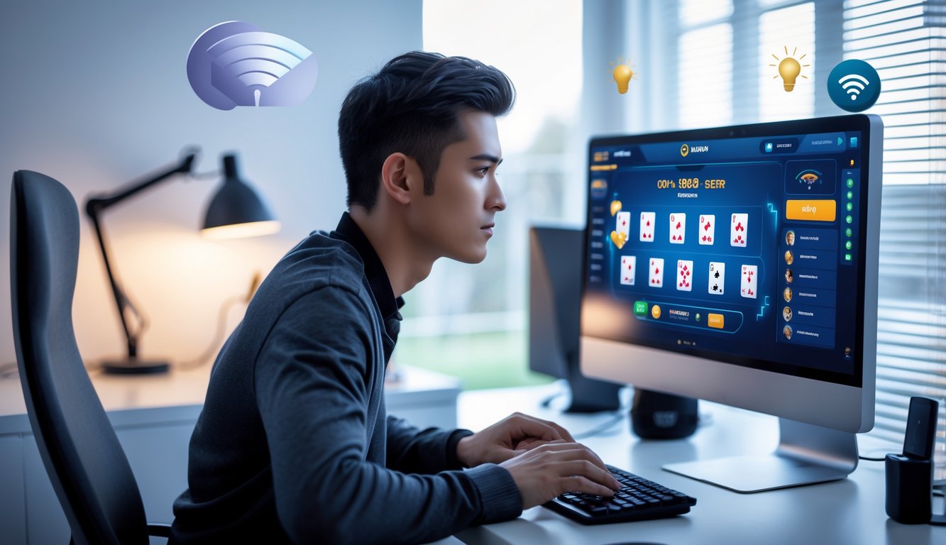 Seorang pria muda duduk di depan komputer di ruang kerja rumah, fokus bermain permainan kartu online dengan suasana yang tenang dan pencahayaan yang baik.