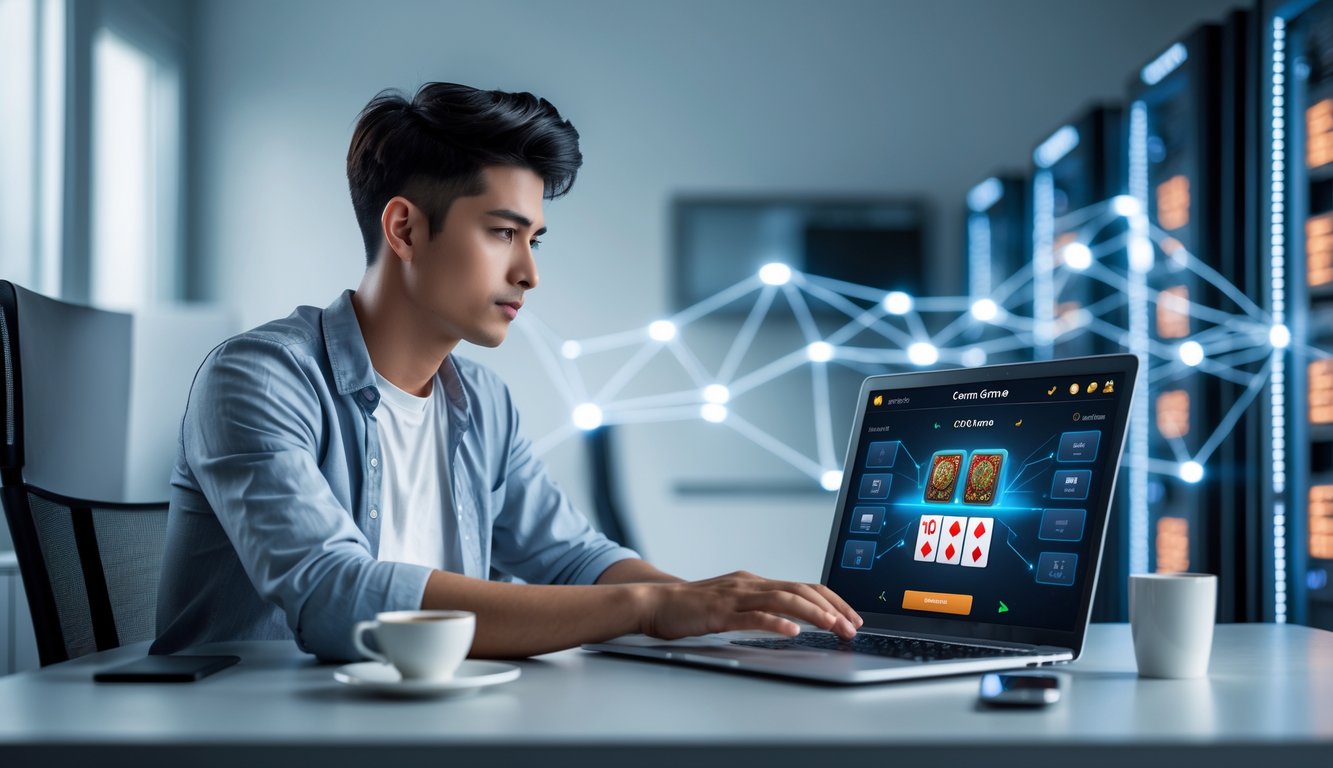 Seorang pria muda duduk di meja dengan laptop, fokus bermain permainan kartu online dengan latar belakang server komputer.