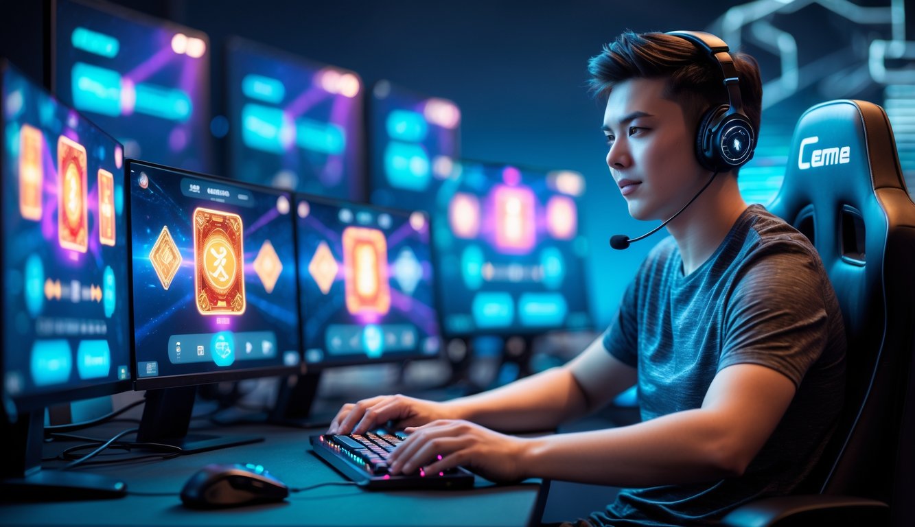 Seorang gamer muda duduk di depan komputer dengan beberapa monitor menampilkan permainan kartu digital, terlihat fokus dan santai di ruang dengan elemen digital yang menggambarkan server yang stabil.