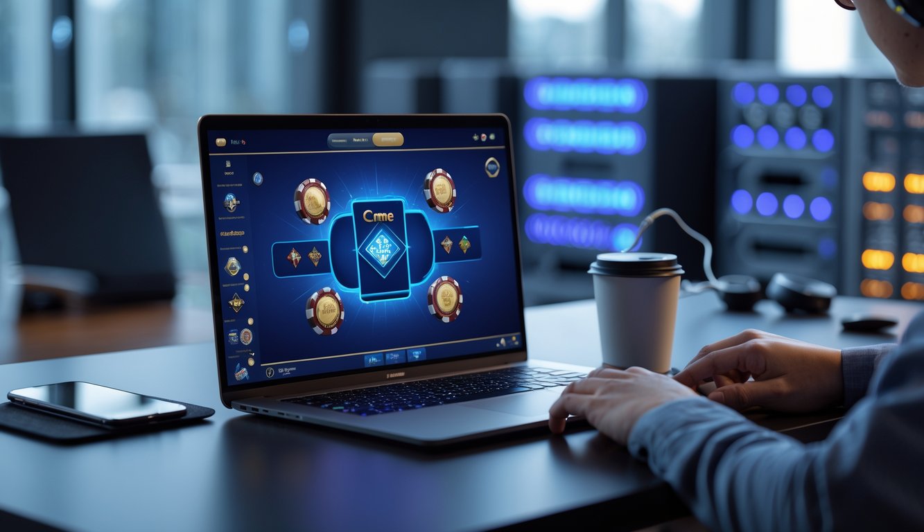 Seseorang menggunakan laptop di meja kerja modern dengan tampilan permainan kartu digital, di latar belakang terlihat rak server dengan lampu indikator menyala.