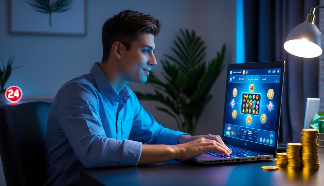 Seorang pria muda duduk di meja modern sambil bermain permainan kartu online di laptop dengan suasana ruangan yang nyaman dan pencahayaan hangat.