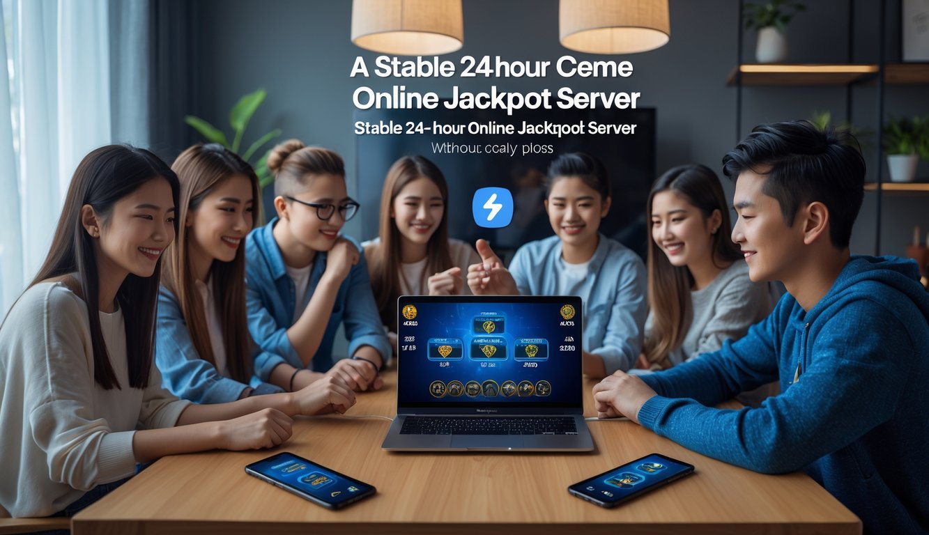 Sekelompok orang muda bermain permainan kartu online bersama di ruangan nyaman dengan perangkat digital.