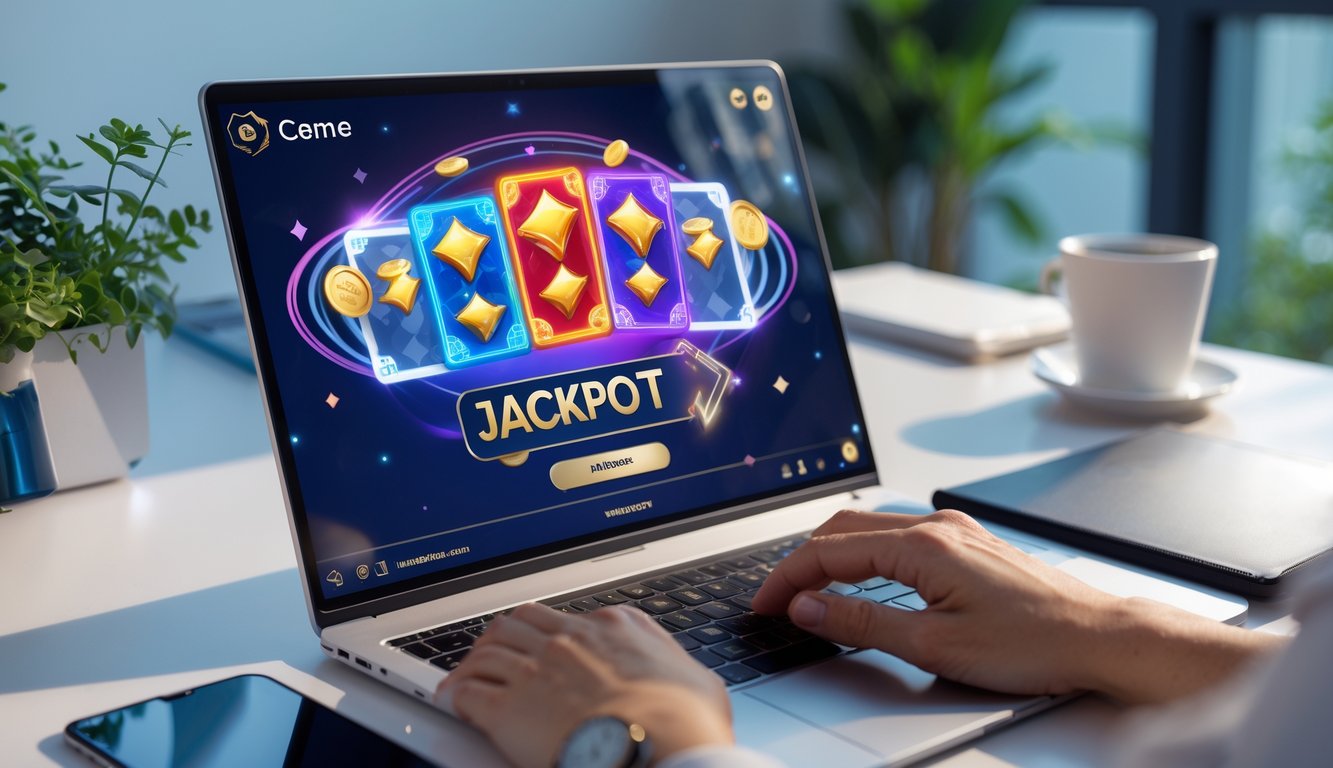 Seseorang bermain permainan kartu online di layar komputer dengan suasana ruang kerja yang rapi dan terang.
