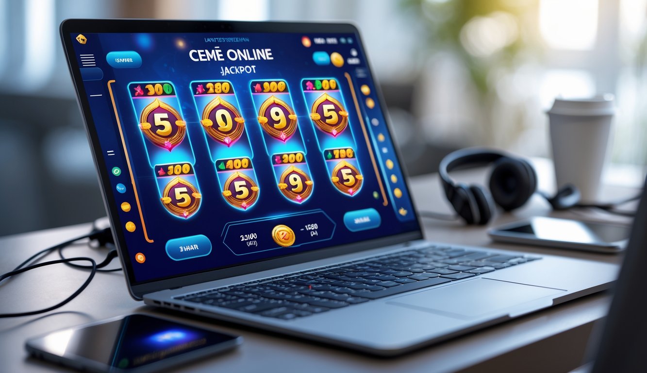 Seorang pemain menggunakan komputer untuk bermain permainan kartu online dengan tampilan jackpot di layar, di meja kerja yang rapi dan terang.