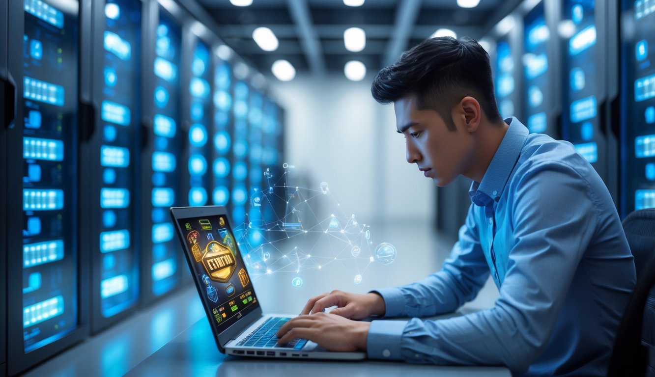 Seorang pria muda menggunakan laptop di ruang server modern dengan barisan server berlampu biru yang menunjukkan kestabilan dan koneksi internet yang kuat.
