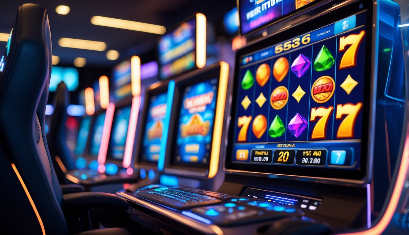 Tampilan dekat layar komputer dengan grafis permainan slot warna-warni di ruangan modern dengan pencahayaan neon lembut.