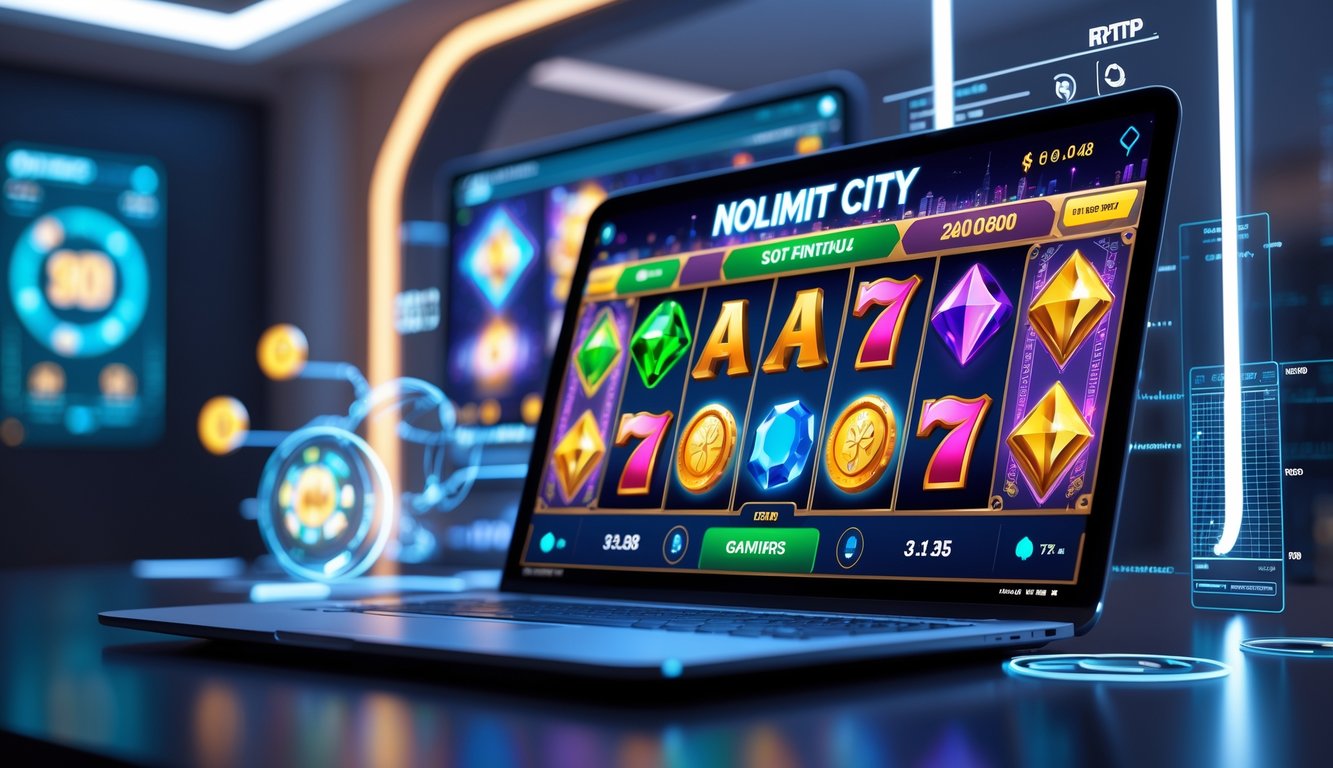 Sebuah komputer menampilkan permainan slot online dengan grafik warna-warni di sebuah ruangan modern yang terang dan futuristik.