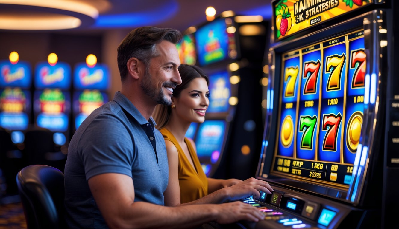 Dua pemain sedang bermain mesin slot digital berwarna-warni di kasino dengan latar belakang mesin permainan lain yang samar.