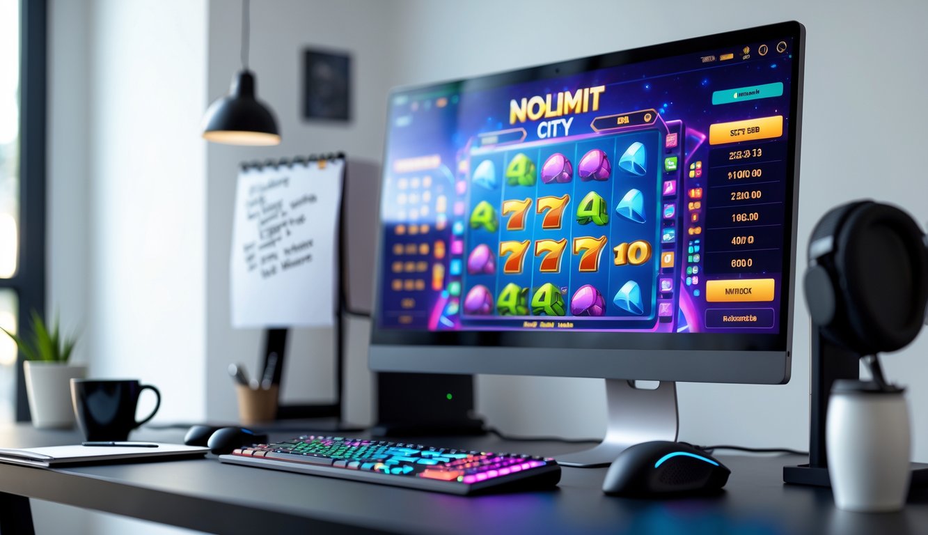 Sebuah meja kerja dengan komputer menampilkan permainan slot online, dilengkapi dengan headphone dan catatan, suasana fokus dan rapi.