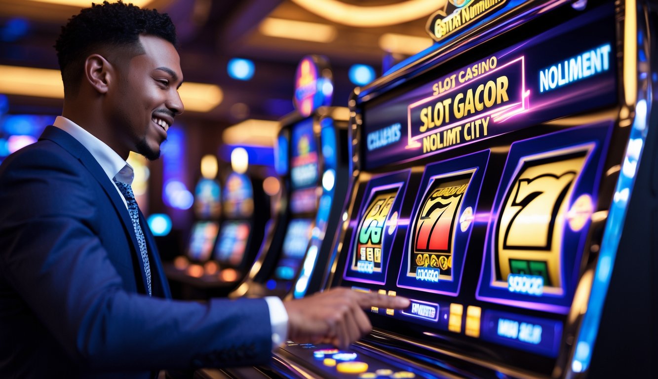 Seorang pemain sedang menggunakan mesin slot digital di dalam kasino dengan suasana yang cerah dan modern.