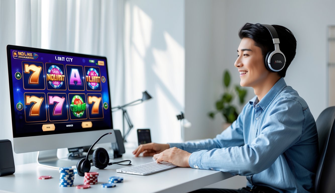 Seorang dewasa muda duduk di depan komputer dengan layar menampilkan permainan slot online yang berwarna-warni, di meja terdapat chip poker dan kartu remi, suasana cerah dan nyaman.