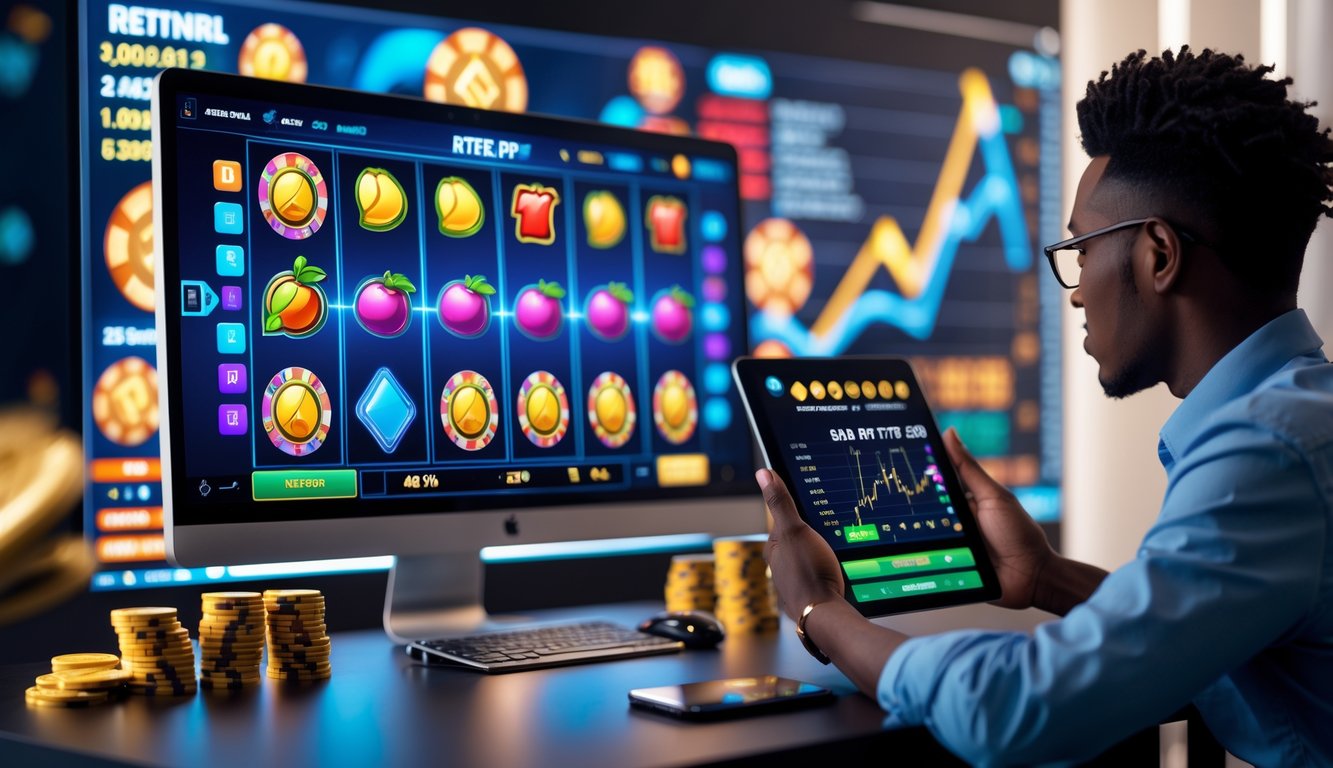 Seseorang duduk di meja modern sambil melihat layar komputer yang menampilkan permainan slot berwarna-warni dan grafik statistik, dengan elemen kasino di sekitar.