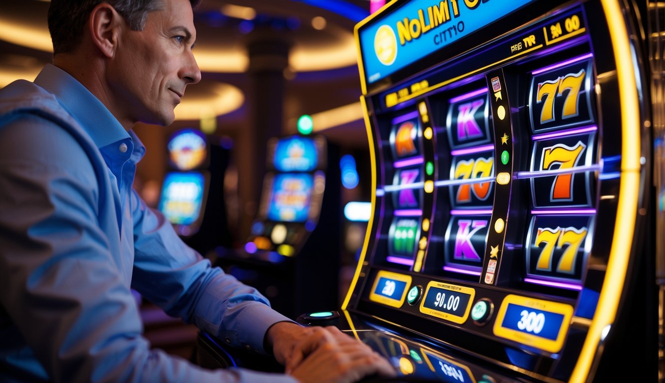 Seorang pemain sedang memperhatikan mesin slot Nolimit City dengan simbol kemenangan dan layar menampilkan persentase RTP tinggi di kasino modern.