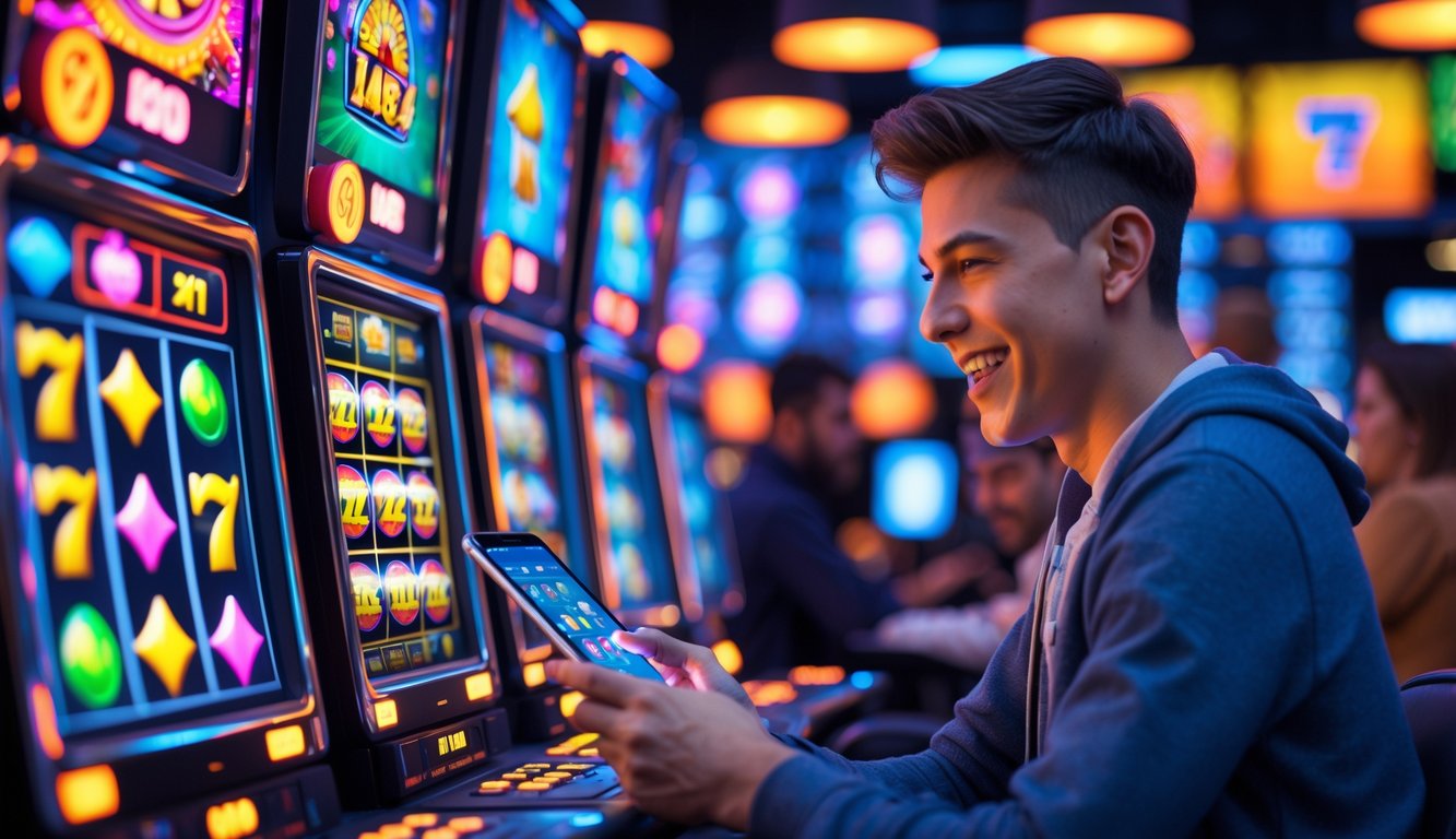 Seorang pemain muda sedang menggunakan tablet dengan latar belakang layar mesin slot berwarna-warni dan suasana lounge permainan yang modern.