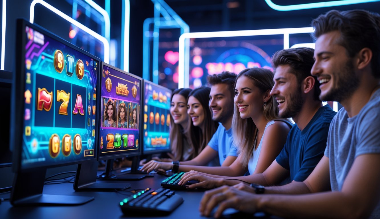 Sekelompok orang muda sedang bermain game slot online dengan komputer dan monitor yang menampilkan permainan slot berwarna-warni.