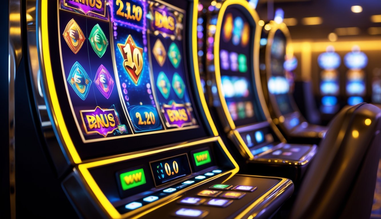 Mesin slot digital modern dengan simbol warna-warni dan animasi di lingkungan kasino yang bersih dan profesional.