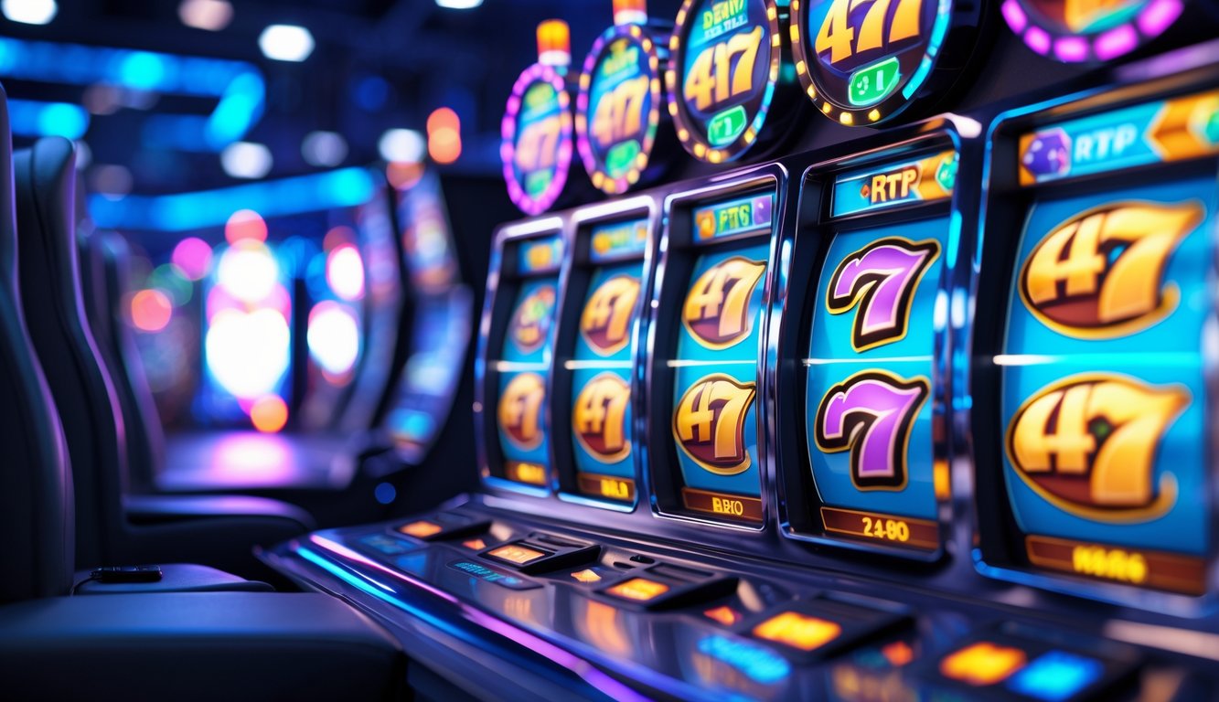 Suasana permainan mesin slot digital modern dengan gulungan berwarna-warni yang sedang berputar dan latar belakang cahaya lembut yang menunjukkan suasana kasino online.