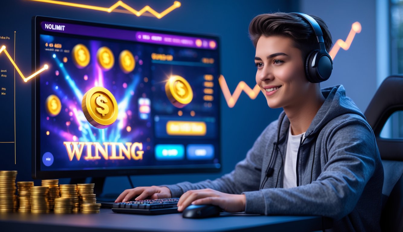 Seorang dewasa muda duduk di depan komputer dengan tampilan permainan slot online yang cerah dan suasana yang menunjukkan kemenangan dan kesuksesan.