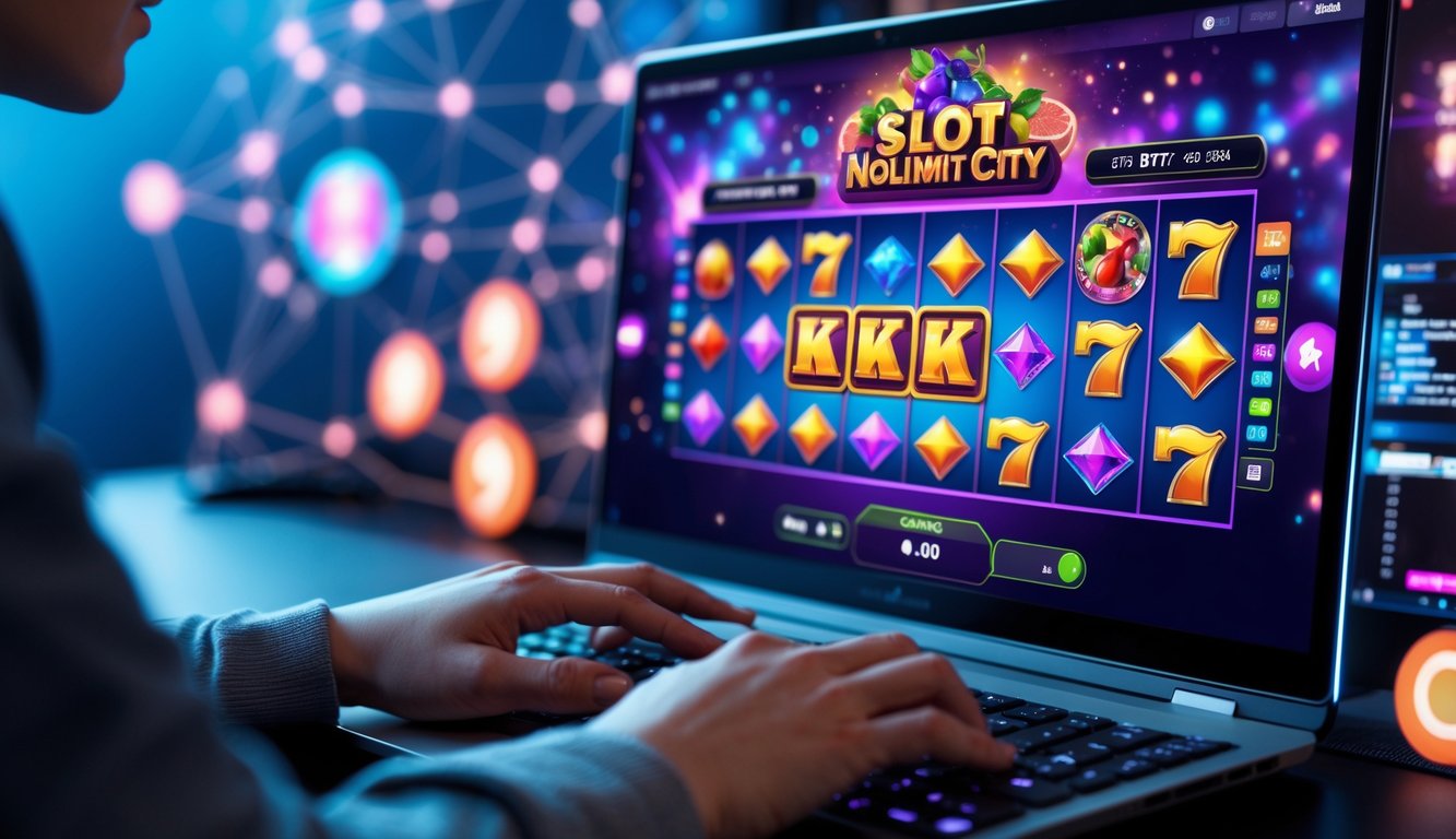 Seorang pemain menggunakan komputer dengan layar menampilkan permainan slot online berwarna-warni, tangan sedang mengoperasikan mouse di meja kerja.