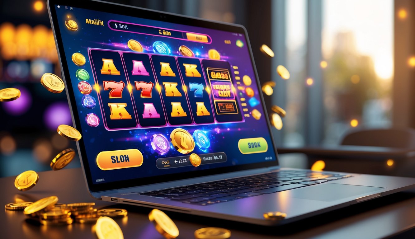 Seorang pengguna sedang bermain permainan slot online di komputer dengan latar belakang ruangan yang nyaman.