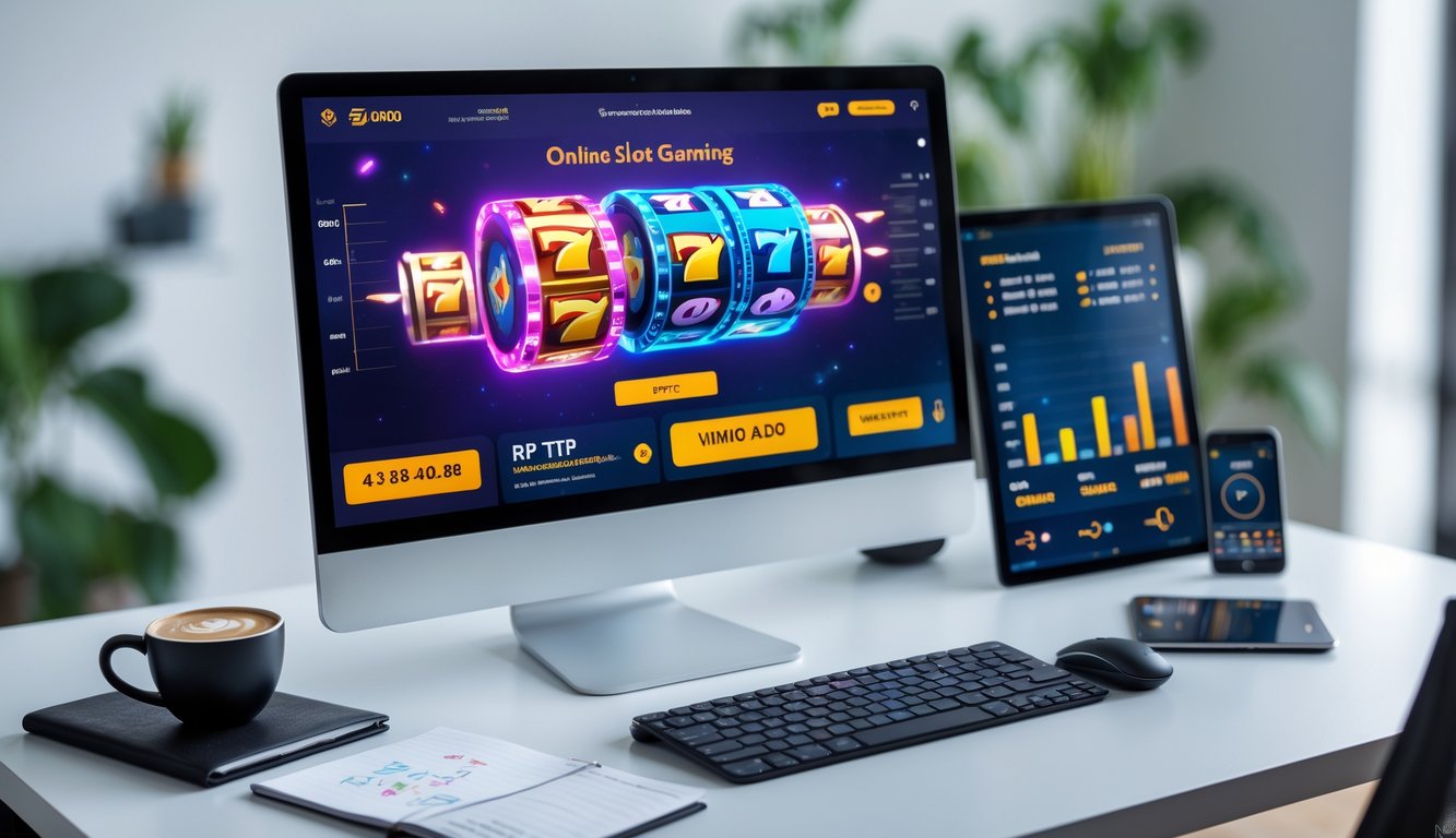 Meja kerja modern dengan komputer menampilkan permainan slot online dan catatan strategi, dengan suasana fokus dan profesional.