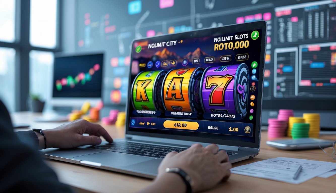 Seorang profesional sedang menggunakan komputer dengan tampilan permainan slot berwarna-warni dan grafik strategi di meja kerja yang rapi.
