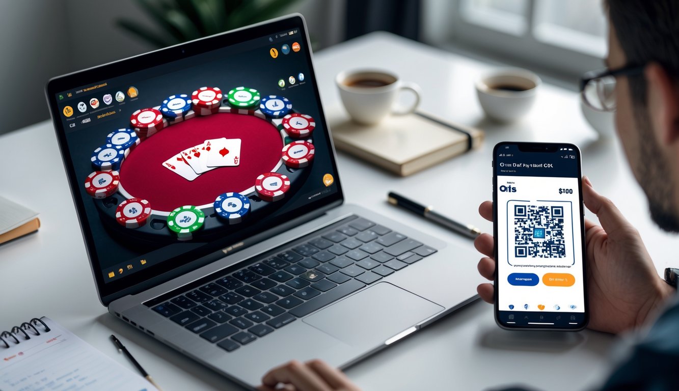 Sebuah ruang kerja modern dengan laptop yang menampilkan meja poker digital dan ponsel yang menunjukkan kode pembayaran QRIS di atas meja bersih.