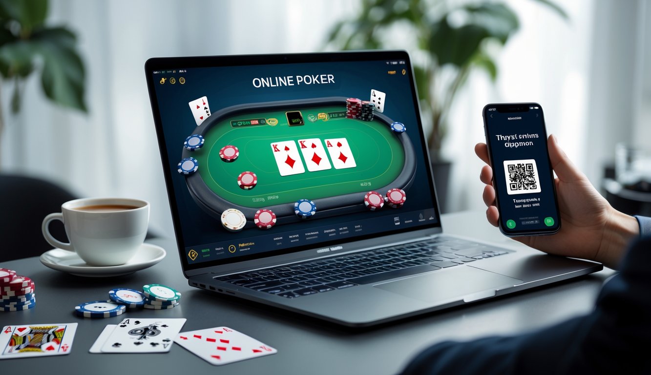 Sebuah meja kerja dengan laptop yang menampilkan permainan poker online dan ponsel yang menunjukkan kode pembayaran QRIS.