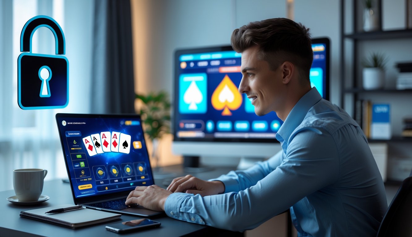 Seorang pria muda duduk di meja dengan laptop yang menampilkan permainan poker online dan ponsel yang menunjukkan kode QR untuk pembayaran.