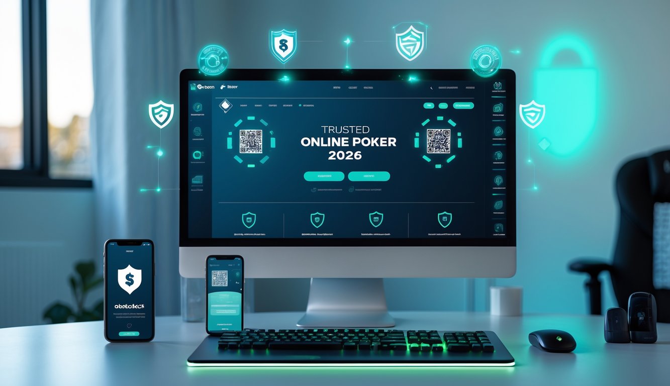 Seseorang menggunakan komputer dengan layar menampilkan situs poker online terpercaya dan ponsel menampilkan kode QR untuk deposit.