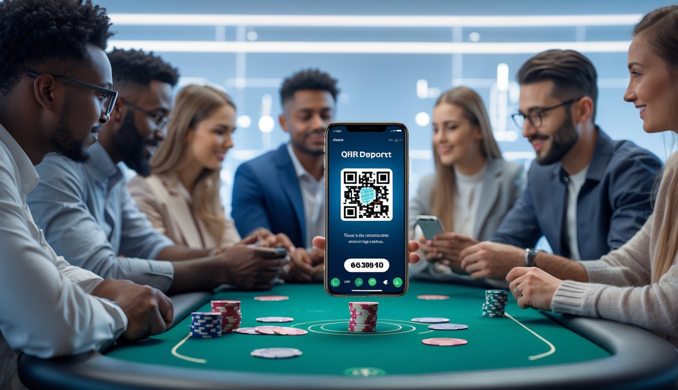 Sekelompok orang bermain poker dengan smartphone yang menampilkan kode QR untuk pembayaran cepat dan aman.