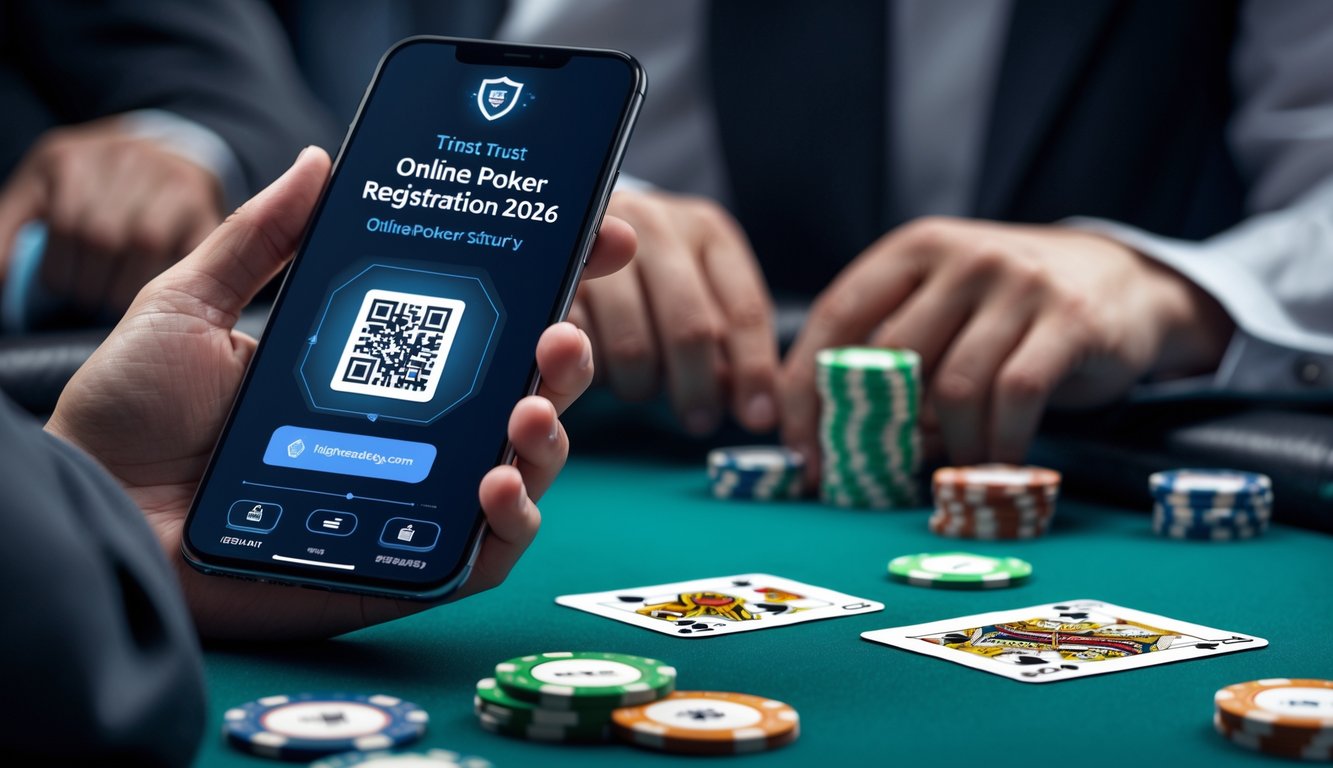 Seseorang memegang ponsel yang menampilkan kode QR untuk pembayaran, dengan meja poker dan chip di latar belakang.