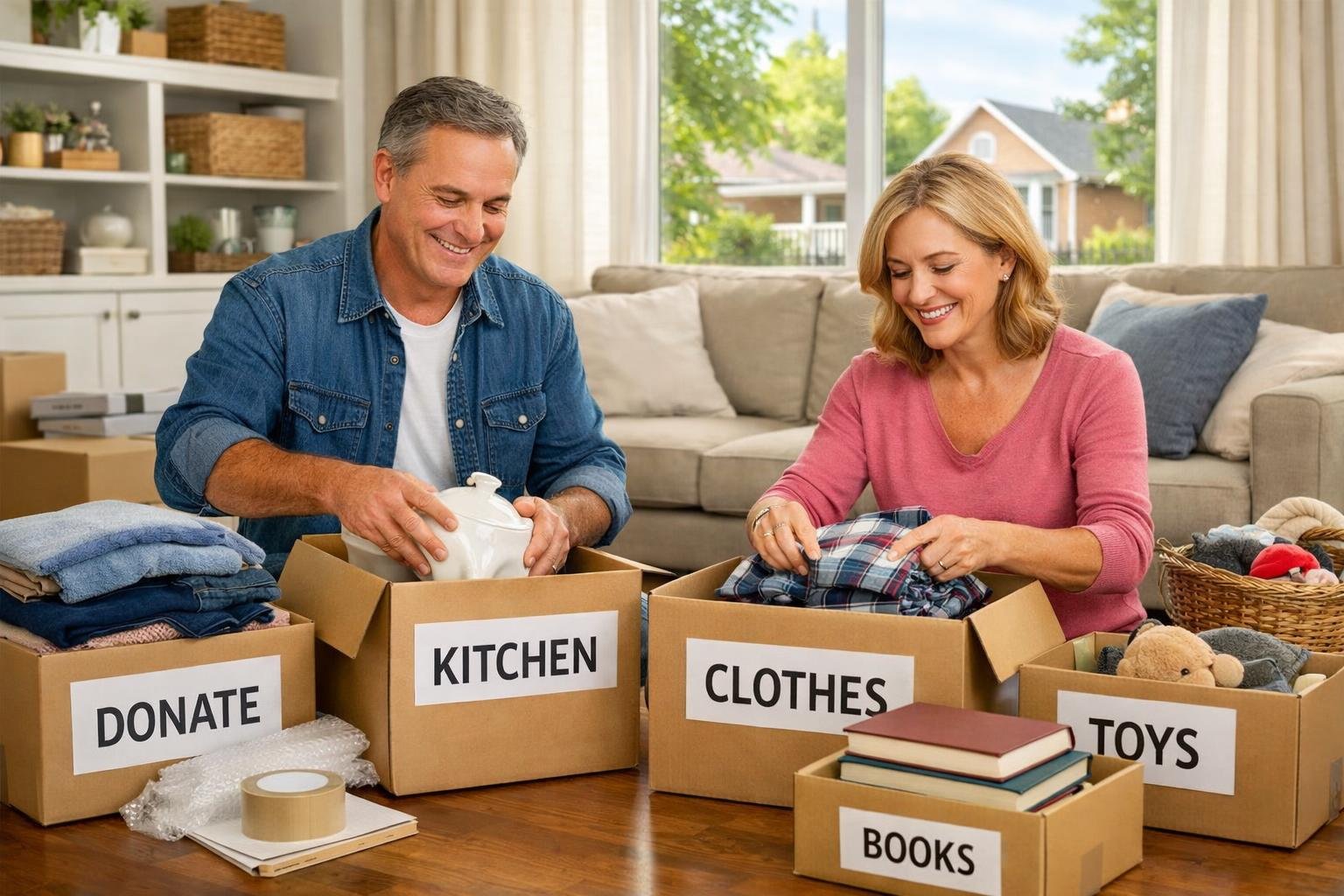 A couple packing household items into boxes in a bright living room preparing to move.