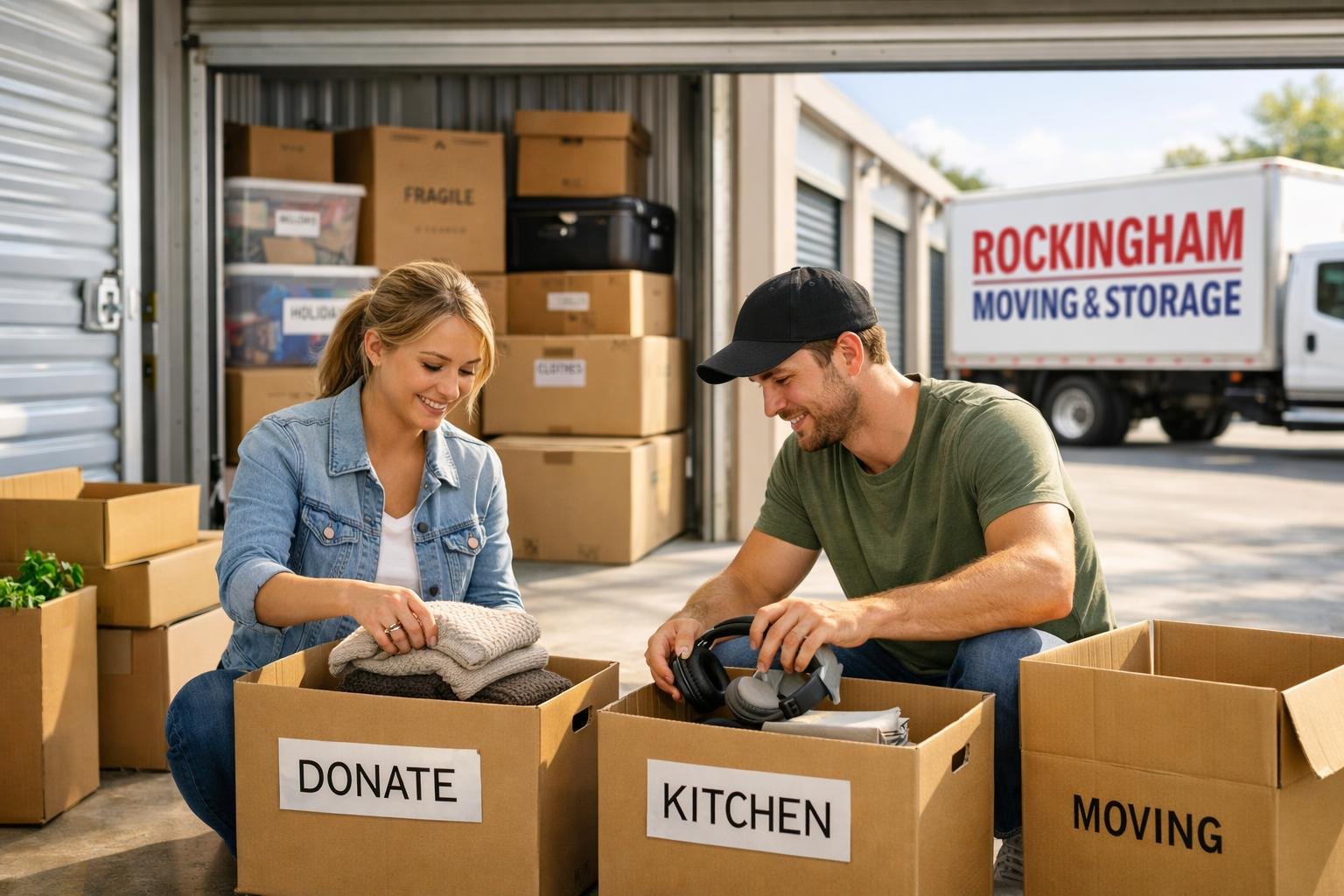 A couple organizing boxes inside a clean and spacious storage unit with open doors and a moving truck outside.