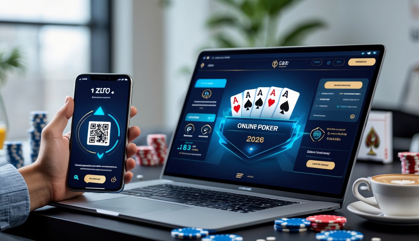Seseorang menggunakan laptop dan ponsel di meja dengan chip poker dan kartu bermain di sekitar, menunjukkan aktivitas bermain poker online dan pembayaran digital.
