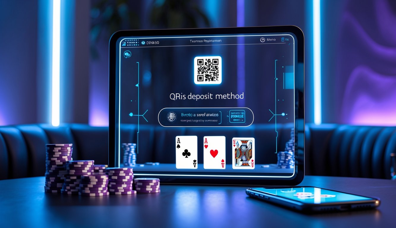Sebuah meja poker modern dengan layar sentuh menampilkan kartu, chip poker, dan kode QR, di ruangan dengan pencahayaan biru dan ungu yang hangat.