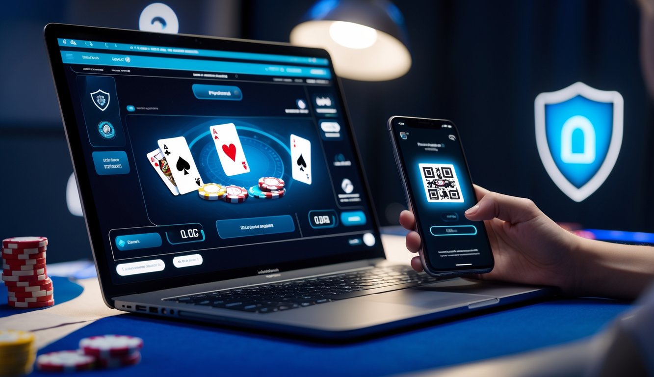 Seorang pemain poker online menggunakan laptop dan smartphone dengan kode QRIS untuk melakukan deposit di meja permainan digital.