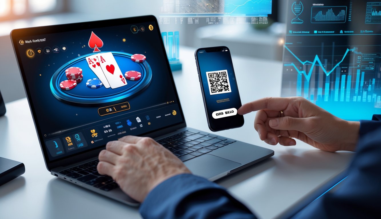 Seorang individu menggunakan laptop dan smartphone untuk bermain poker online dengan tampilan kode QRIS di layar, di ruang kerja yang rapi dan modern.