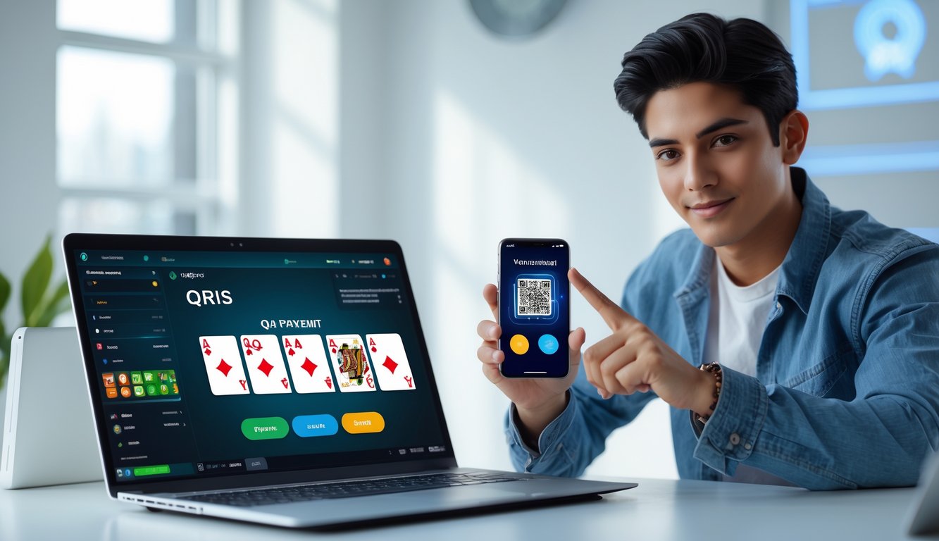Seseorang sedang menggunakan laptop dan ponsel untuk bermain poker online dan melakukan pembayaran dengan kode QR.
