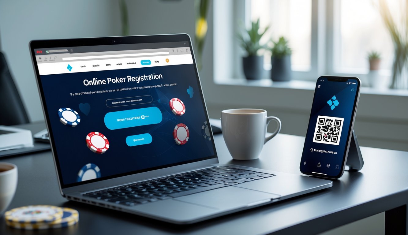 Meja kerja modern dengan laptop yang menampilkan situs poker online dan ponsel yang menunjukkan kode pembayaran QRIS.