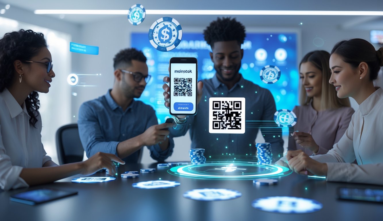 Seorang dewasa muda memegang ponsel dengan kode QR di layar, dikelilingi chip dan kartu poker digital, menunjukkan transaksi deposit instan dalam permainan poker online.