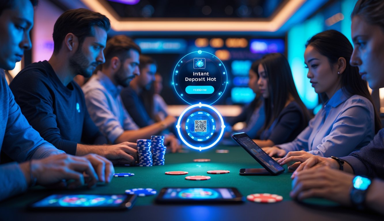 Sekelompok orang bermain poker online menggunakan perangkat digital dengan latar belakang elemen teknologi modern dan ikon kode QR yang menyala.