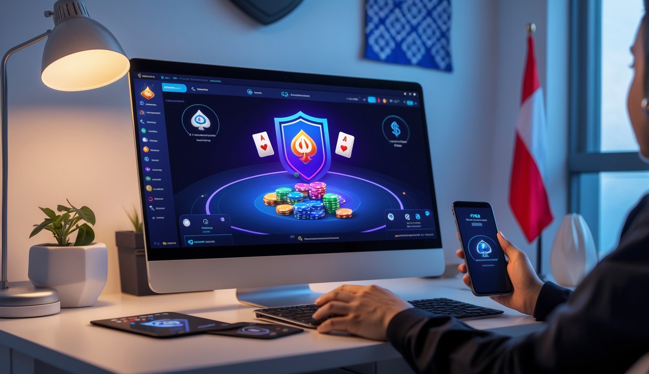 Seorang pemain menggunakan komputer dan ponsel di ruang kerja yang rapi dengan tampilan permainan poker online dan simbol keamanan.